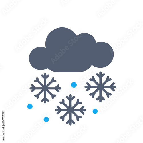 Minimalist Winter Weather Icon: Cloud with Snowflakes and Blue Dots Falling on Black