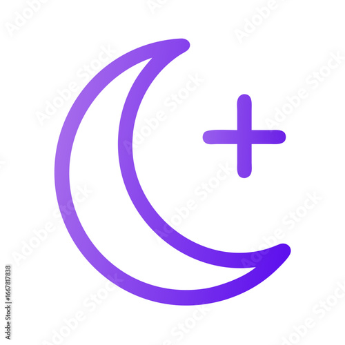 Minimalist purple crescent moon and plus symbol on black background graphic art