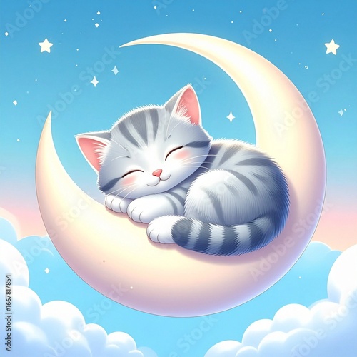 Adorable Cartoon Kitten Sleeping Peacefully on a Crescent Moon in a Starry Sky, Whimsical and Dreamy Illustration