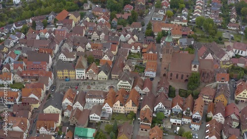 Aerial view of the old town city Weik der Stadt in Germany. On a cloudy day in Summer.