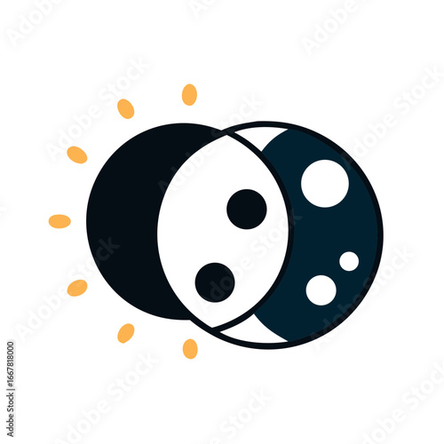Stylized graphic of the sun and moon in partial eclipse against a black backdrop
