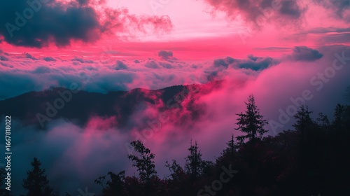 Vibrant pink sunset over misty mountaintops