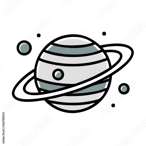 Stylized depiction of a planet in space with rings and two moons on black background