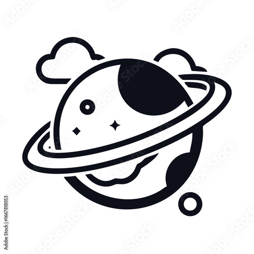 Minimalist Space Illustration: Planet with Rings and Clouds on Dark Background