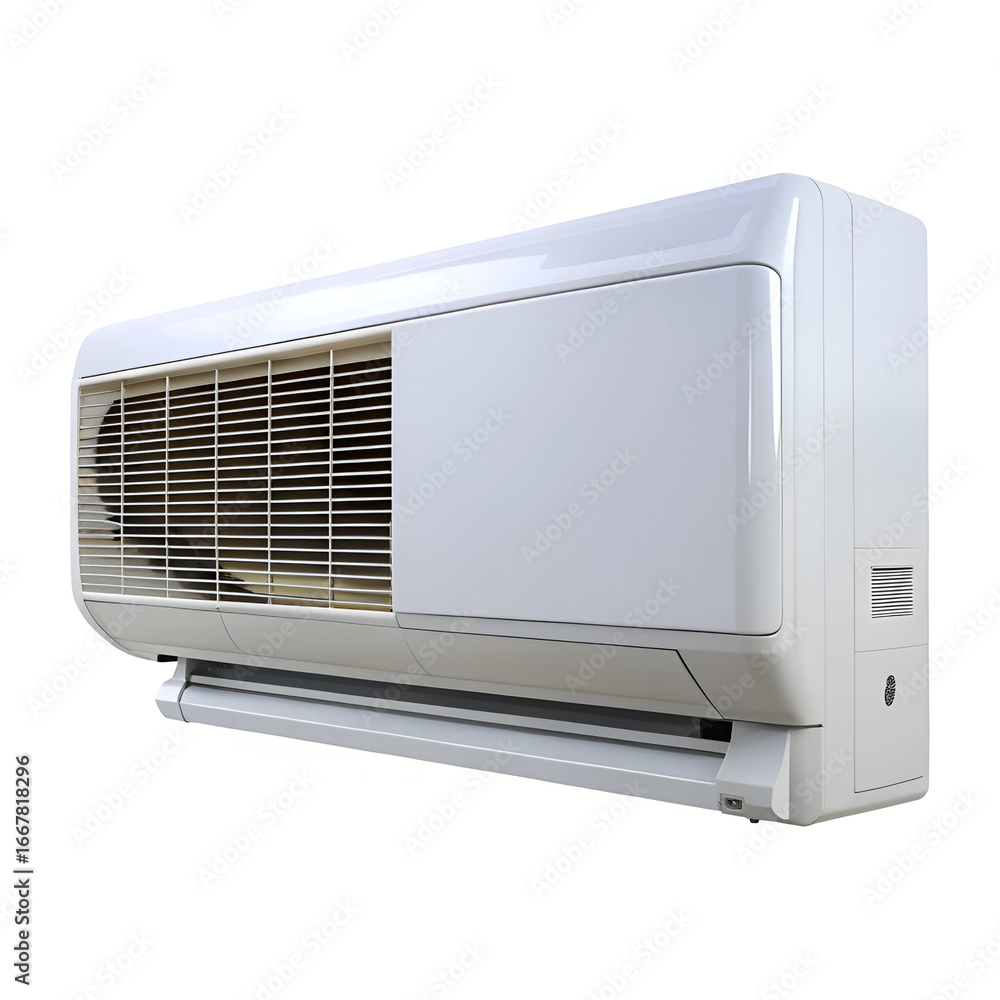 Fototapeta premium Wall mounted air conditioner unit with vents and controls, isolated on white background