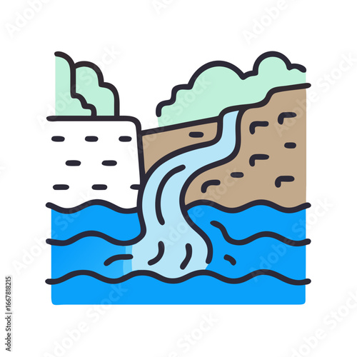 Flat vector illustration of a waterfall flowing into a river surrounded by cliffs and vegetation