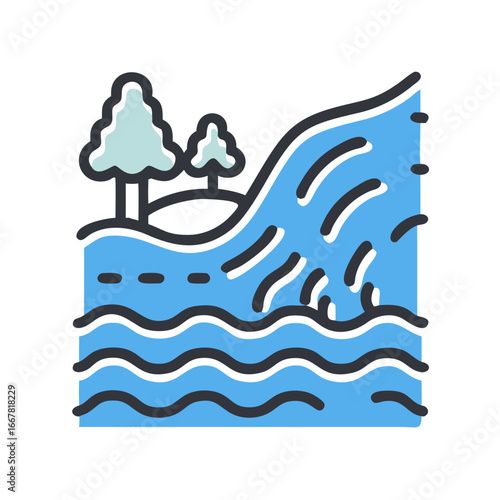 Stylized Waterfall Icon Depicting Nature and Fresh Water Ecosystem with Trees