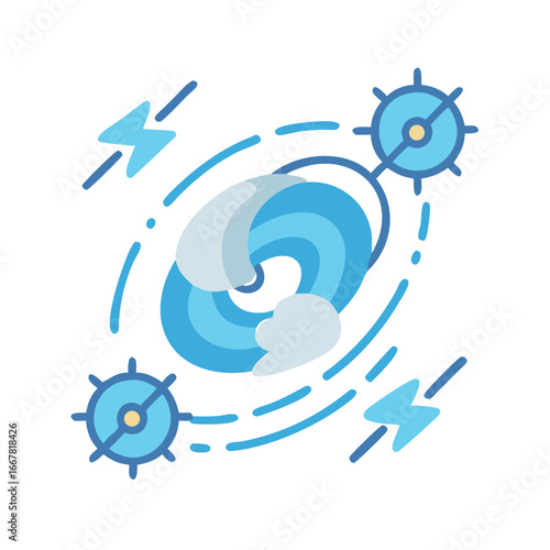 Abstract circular waves with energy bursts and radiating elements on dark background