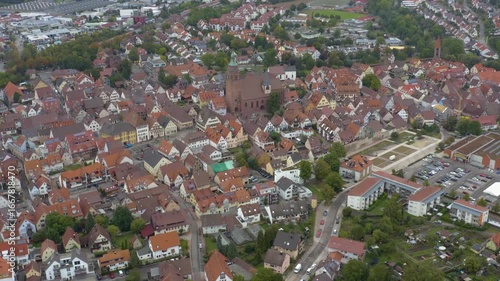 Aerial view of the old town city Weik der Stadt in Germany. On a cloudy day in Summer.