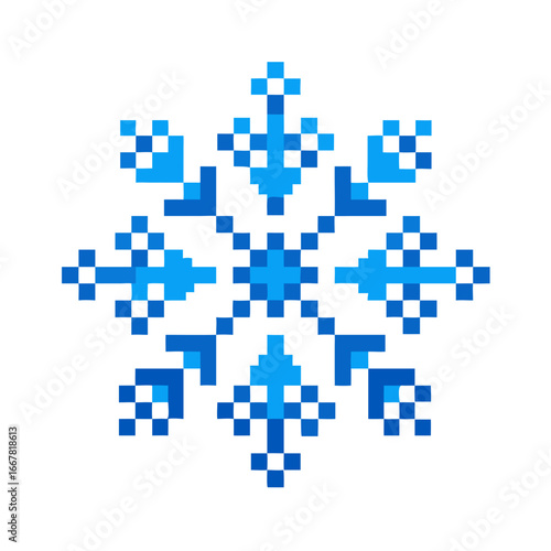 Pixelated Snowflake Graphic: Retro Eight-Bit Winter Design on a Black Background