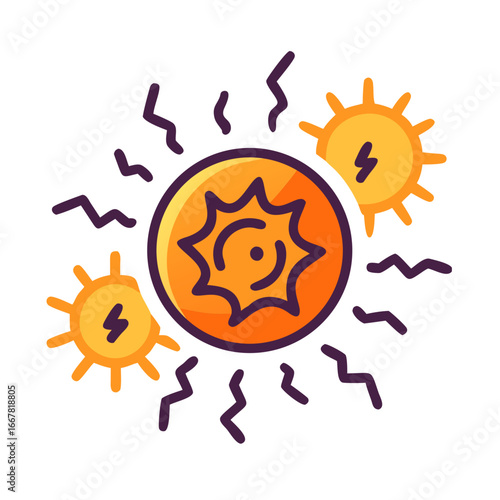 Vector illustration of sun icons with lightning symbols radiating energy against a black backdrop