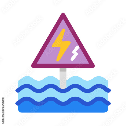 Flooded electrical hazard sign illustration indicating danger in high water conditions