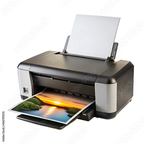 Inkjet printer printing a landscape photo of a sunset over a calm lake with lush green trees, isolated on white background
