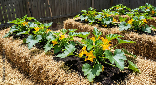 straw bale vegetable garden with zucchini plants flowering in summer sun