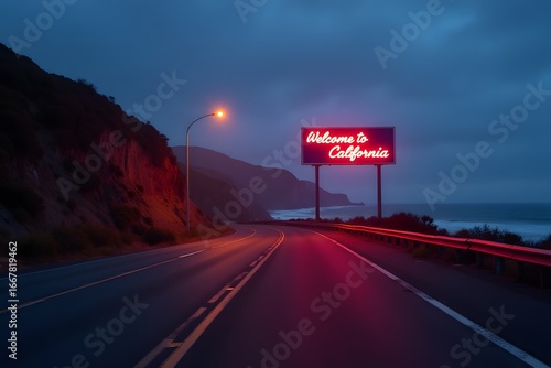 Empty coastal road with neon “Welcome to California” glowing by cliffs.
