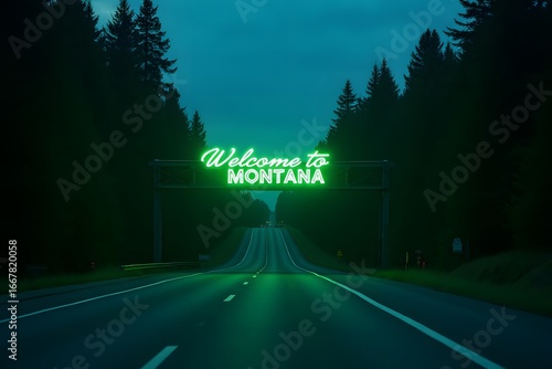 Highway through pine forest with neon “Welcome to Montana” glowing green.
