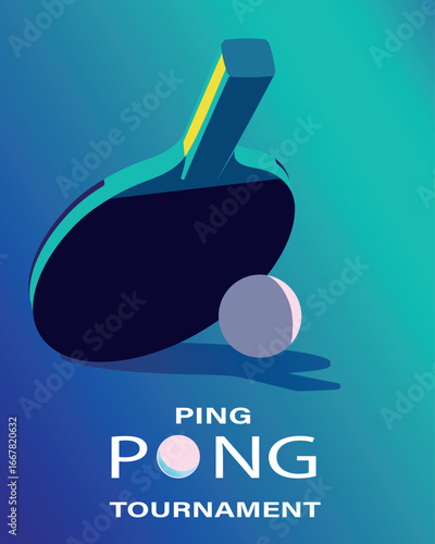 Ping pong tournament, competition poster, design sport school, training, table tennis championship banner. Flat style illustration, neon colors, vector, racket, ball, blue gradient background, sport