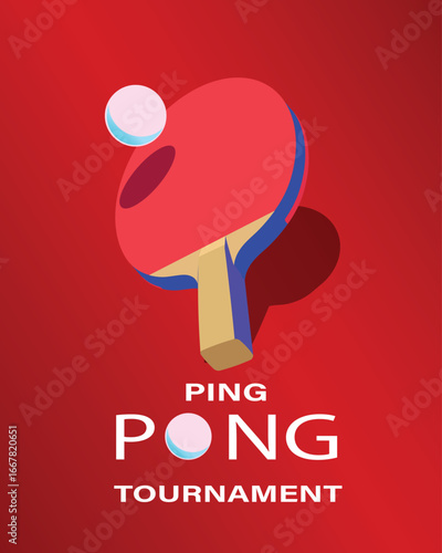 Ping pong tournament banner, competition poster, table tennis championship flyer, racket and ball on red background. Flat design, team game in racket sport, training, tennis club, sport hobby