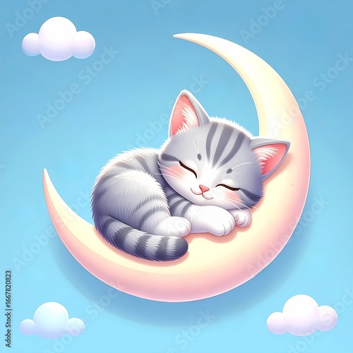 Adorable Grey Striped Kitten Sleeping on a Pink Crescent Moon in a Blue Sky, Sweet and Dreamy Illustration