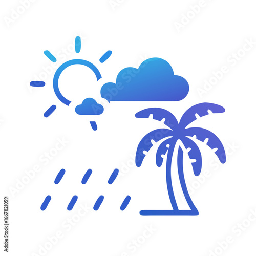 Stylized icon illustrating sunshine and rain over a tropical palm tree weather concept