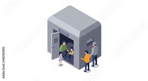 Isometric emergency shelter scene with family entering bunker for safety