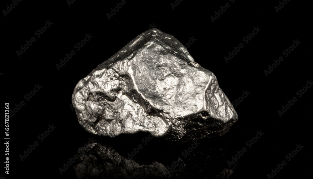 Naklejka premium Raw platinum nugget metallic shiny natural mineral isolated on black background smooth texture reflective surface rare element industrial material