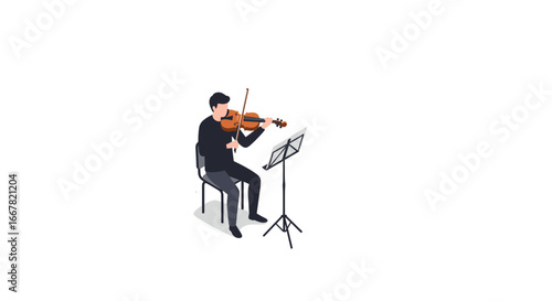 Isometric musician playing violin alone on stage with music stand