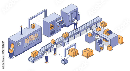 Isometric warehouse automation with workers and conveyor belt