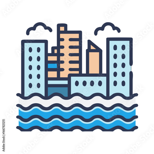 Abstract cityscape illustration with stylized buildings and water waves, modern and clean style