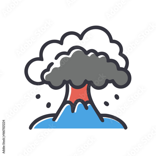 Stylized volcano eruption with smoke and lava against black backdrop, cartoon vector image