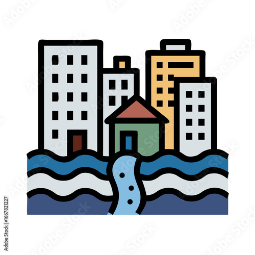 Stylized cityscape with buildings partially submerged in water, showing rising water levels