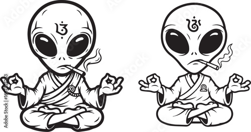 Minimalist black and white alien meditation icons – spiritual extraterrestrial silhouettes with Om symbols, robes, and smoking joints.