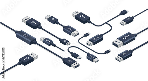 Usb cable set with different types and connectors on white background