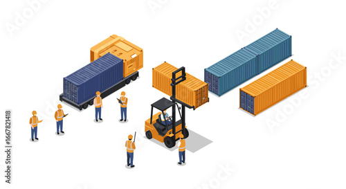 Isometric shipping and logistics scene with forklift and containers on white background