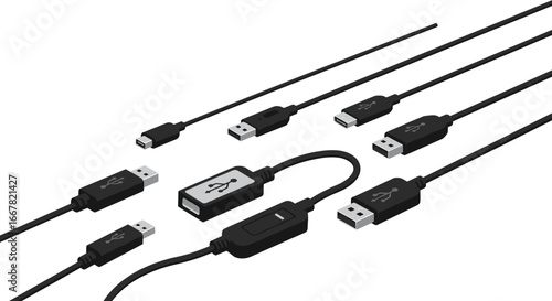 Isometric usb cable set: variety of connectors and styles for electronics and connectivity