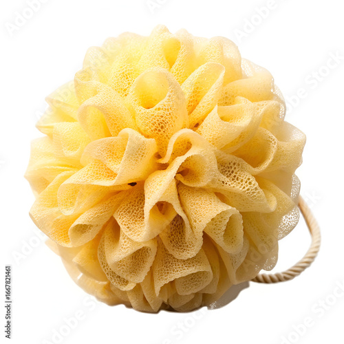 Yellow bath pouf with a rope loop for hanging, isolated on white background