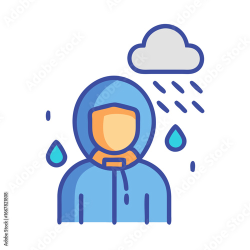 Person in raincoat under rain cloud, isolated illustration for weather related designs