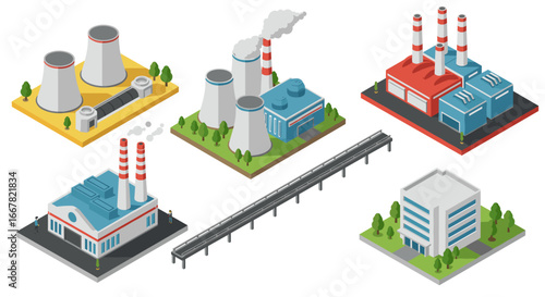 Isometric industrial buildings and factories set with power plant designs