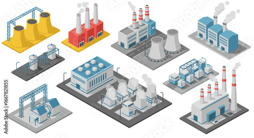 Industrial buildings and factories in isometric view with smokestacks and machinery