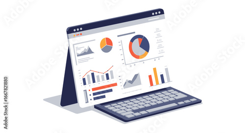 Isometric laptop displaying business analytics with charts and graphs