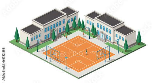 Isometric schoolyard basketball court with modern buildings and active players