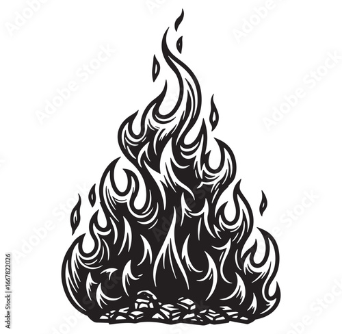 Artistic black and white illustration of a fiery campfire blaze with flames rising high