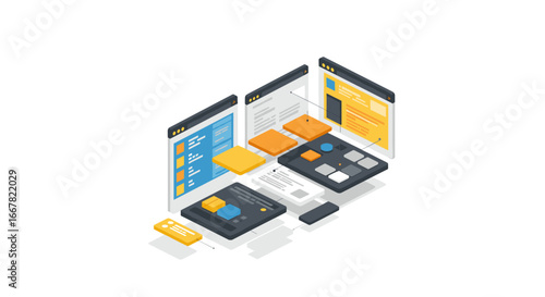 Isometric design of digital interface layout with modern ui elements and interactive components