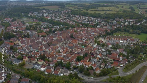 Aerial view of the old town city Weik der Stadt in Germany. On a cloudy day in Summer.