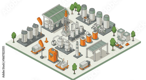 Isometric industrial plant design with equipment and renewable energy elements