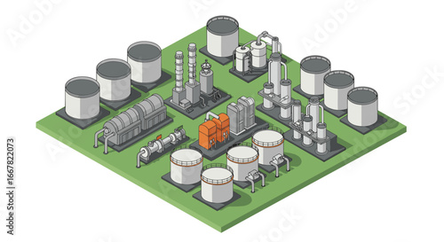 Isometric industrial oil refinery plant with storage tanks and pipelines