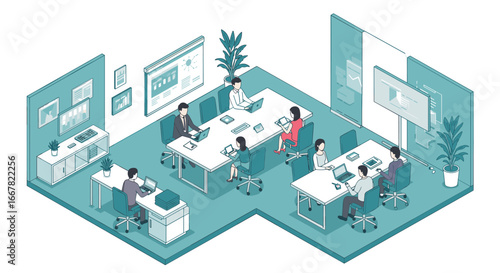 Modern isometric office space with diverse team collaborating in open layout