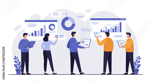 Team analyzing business data in modern office setting with informative graphs