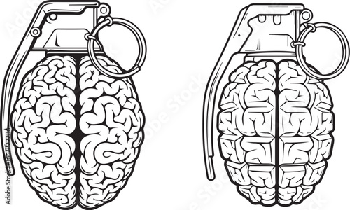 Minimalist black and white brain grenade icons – surreal cartoon fusion of intelligence and impact with bold mechanical detail.
