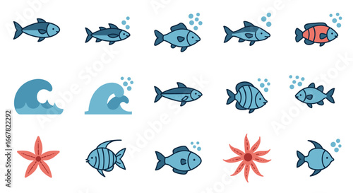 Cute cartoon sea creatures with waves and starfish